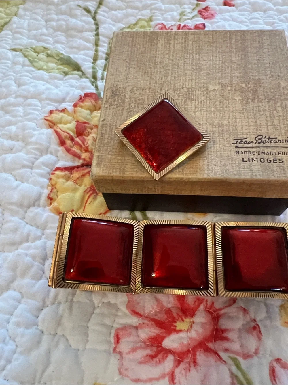 Jean Pétotouré Limoges French Enamel Bracelet and Matching Brooch Set